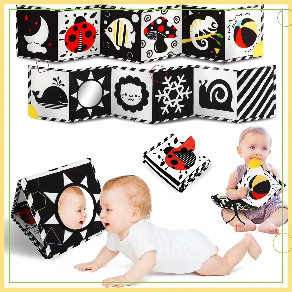 Black & White Baby Books for Tummy Time, Soft Sensory Toys with Mirror & Teether, 0-12 Months Infant Development Gift