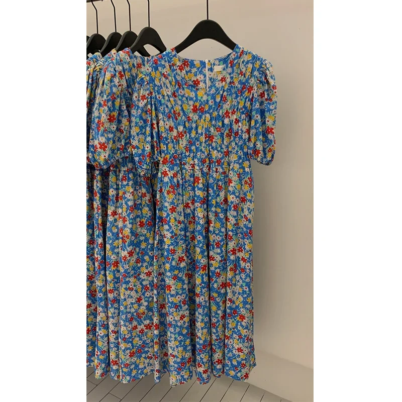 Summer V-neck Floral Dress Korean Style Loose Flower Printed Dress Women Clothes Casual Short Sleeve A-line Dress Vestidos 27991