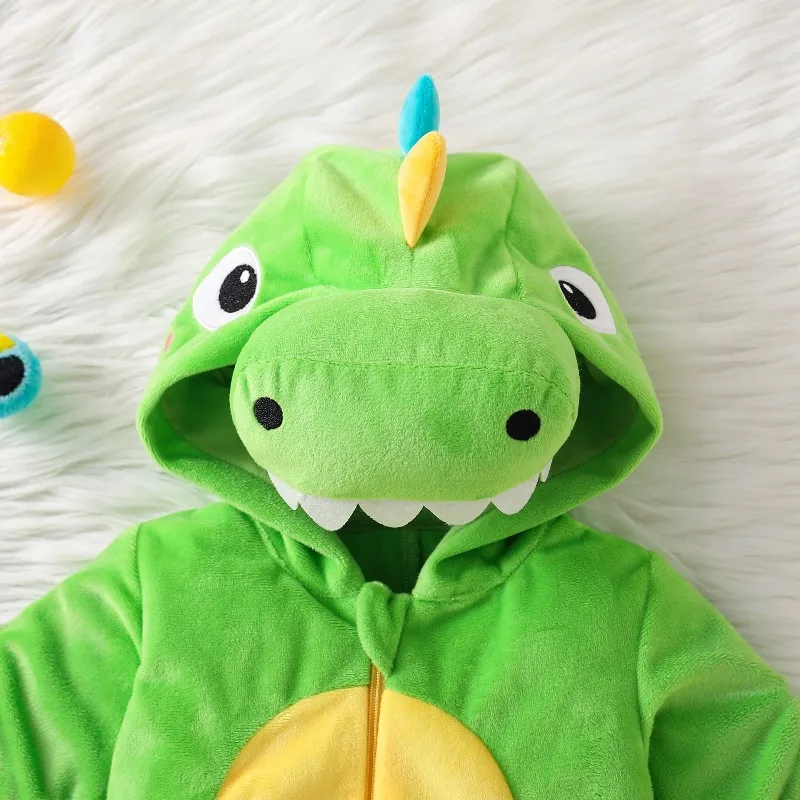 Newborn Infant Baby Green Dinosaur Hooded Romper Plush Fleece Jumpsuit Colorful Spikes Tail Warm Winter Costume Playsuit 0 24M
