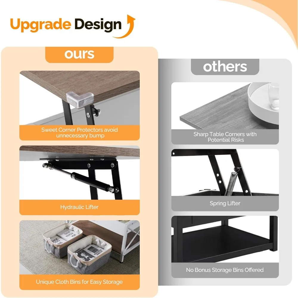 36 طاولة قهوة قابلة للرفع مع صندوق تخزين قماشي مجاني، وطاولة قهوة بإطار من خشب الجوز الأبيض في غرفة المعيشة، طراز حديث صغير #4