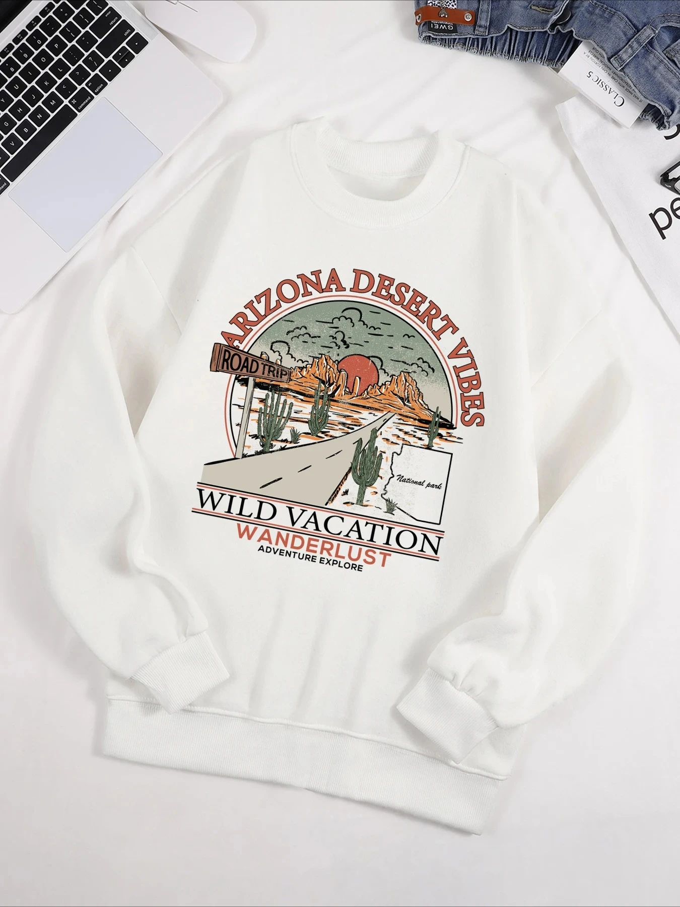 Arizona Desert Vibes Wild Vacation Wanderlust Print Sweatshirt Street O-Neck Pullover Fleece Loose Clothes Winter Autumn Top