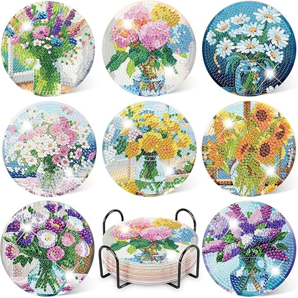 

8-piece set of diamond painting coasters (with holder), DIY bouquet pattern diamond painting coasters, suitable for adults to us