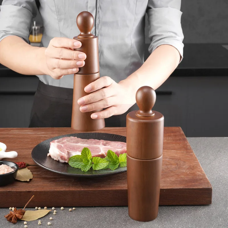 8Inch Wood Pepper Grinder Set Manual Oak Pepper Mill Sea Salt Black Pepper Grinding Spice Seasoning Bottle Jar Pepper Tools Set