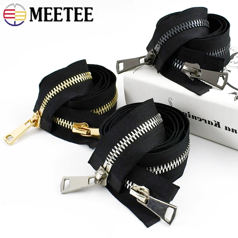 Meetee 70/80/90/100cm 8# Metal Zippers Open End Double Slider Zipper Clothes Bags Auto Lock Zips Repair DIY Sewing Accessories