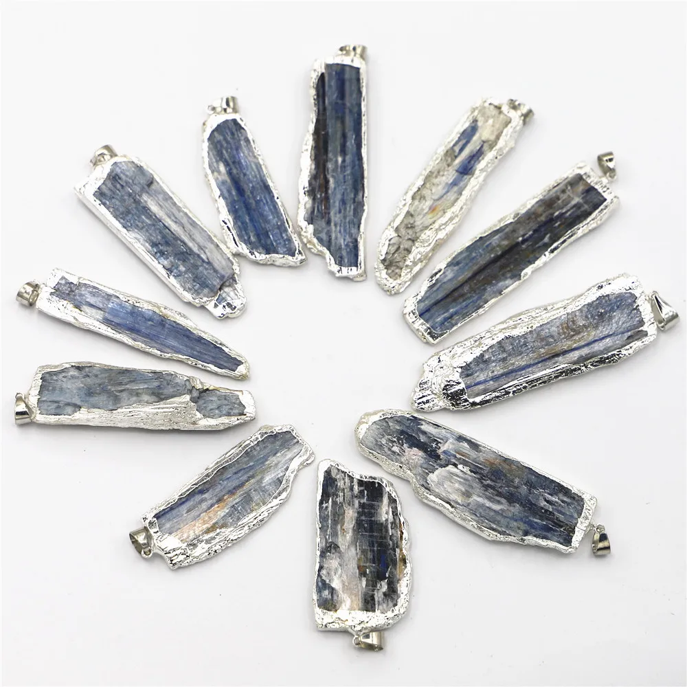 

New Natural Stone Blue Kyanite Pendants Jewelry Plating Silver Side Raw Kyanite Nugget For Earrings Necklace DIY Findings G1121