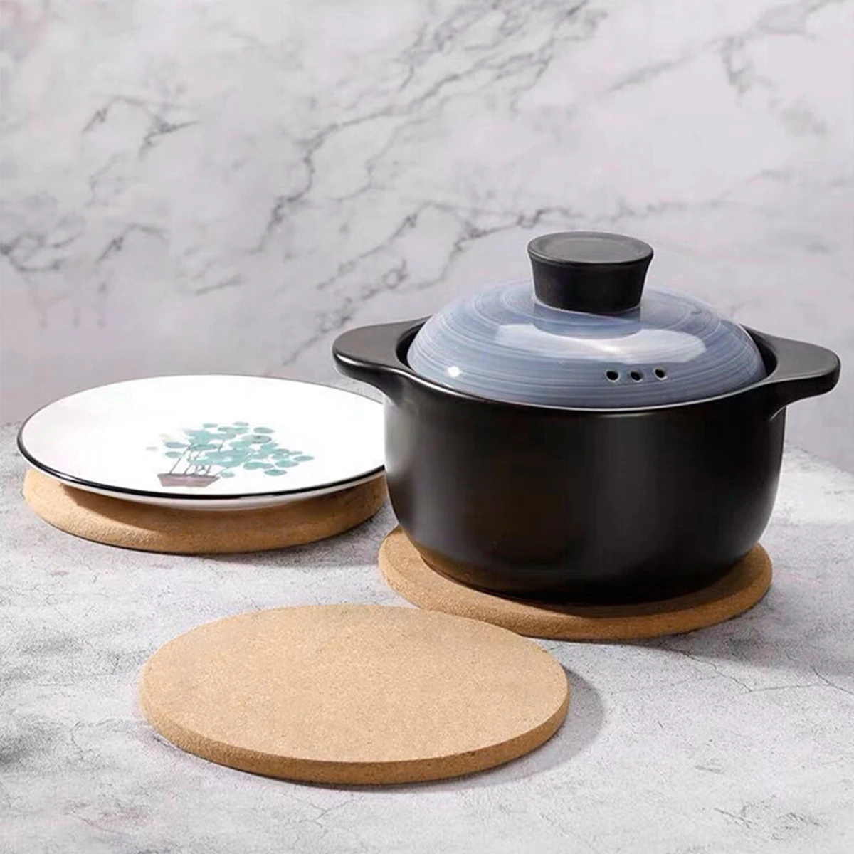 3Pcs Cork Particles Pot Holder 7''  Heat Resistant Round Pans Pads Coasters Worktop Saver Mat Kitchen Surface Protection Gadget