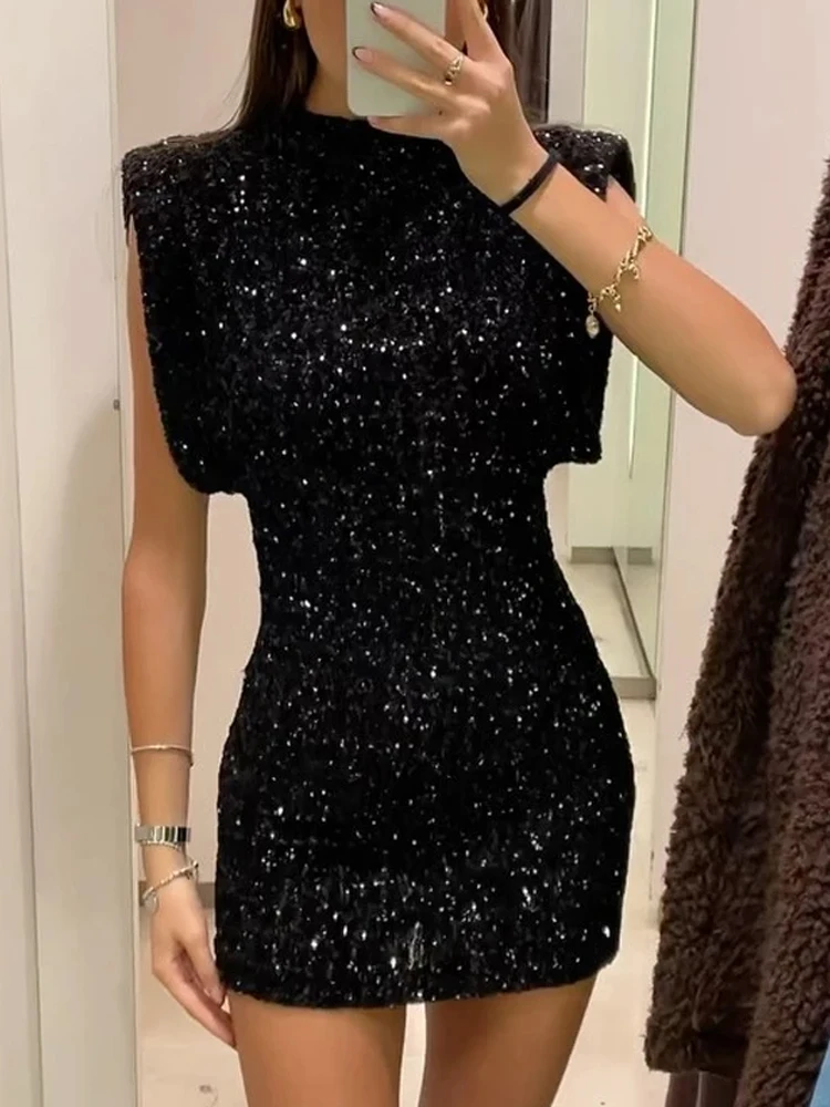 

Evening Dresses Women Sequin Mini Dress Ladies Vintage Fashion Short Sleeveless Dress Female Party Night Chic O-Neck Vestidos