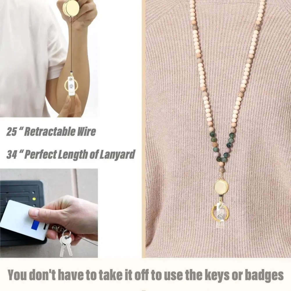 เชือกเส้นเล็กพวงกุญแจลูกปัดไม้ เชือกลูกปัดไม้ธรรมชาติที่หรูหราพร้อมที่ใส่รหัสแบบพับเก็บได้ เข็มกลัดสแตนเลส ครูมีสไตล์