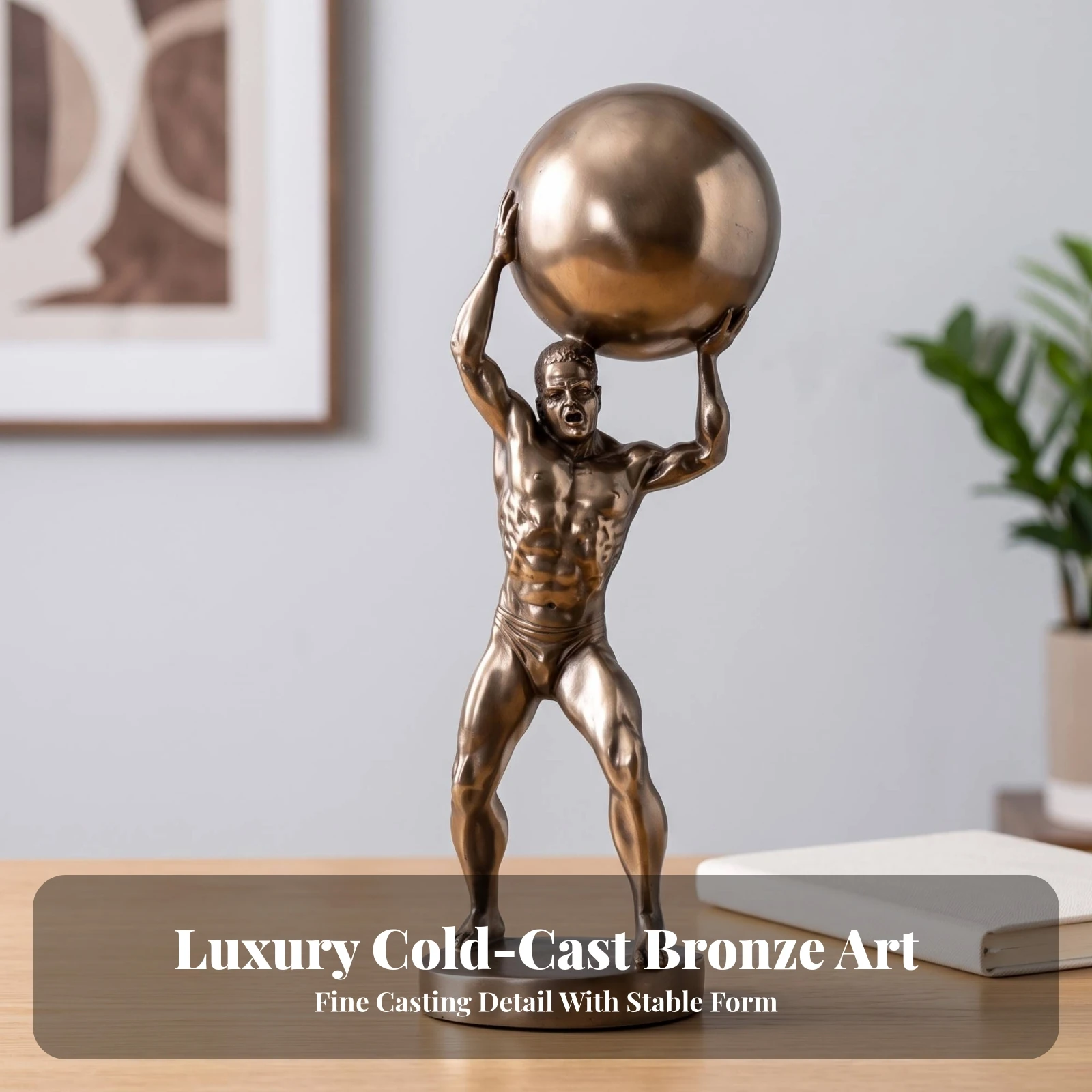 Weightlifter Figure Cold-Cast Bronze Sculpture with Rectangular Base Statue Athletic for Weightlifters, Bookshelf, Desk
