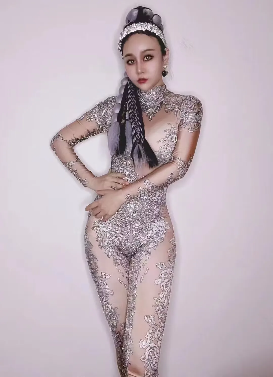 Sparkly Crystals Nude Jumpsuit Stretch Stones Outfit Celebrate Bright Rhinestones Bodysuit Costume Female Singer Birthday Dress