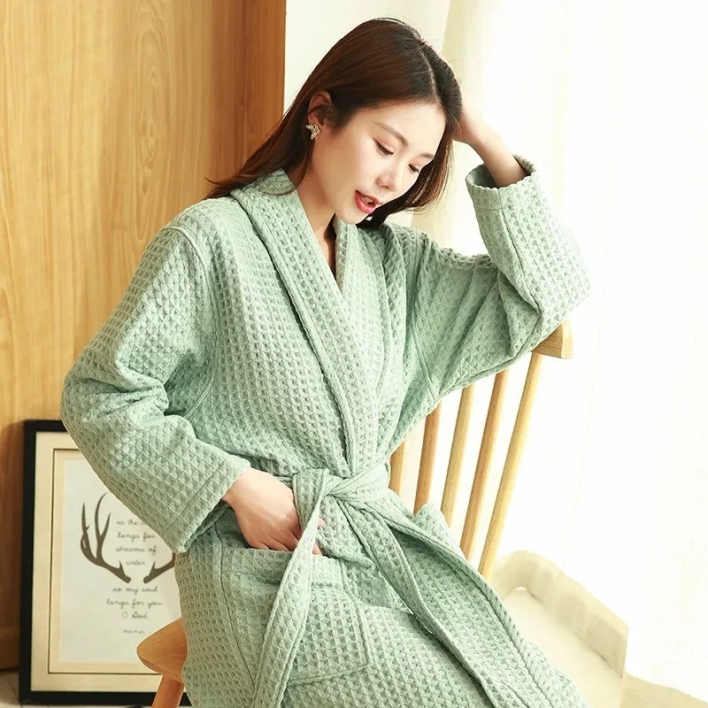 Double-layer Waffle 100% Cotton Bathrobe For Women Autumn Winter Solid Color Long Sleeve Lapel Absorbent Robe Female Night Down