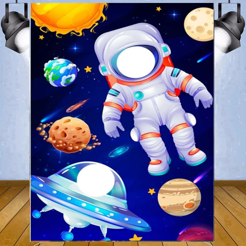 Outer Space Poster Backdrop Astronaut Alien Face Cutout Poster Rocket Galaxy Star Poster Outer Space Birthday Party Decor