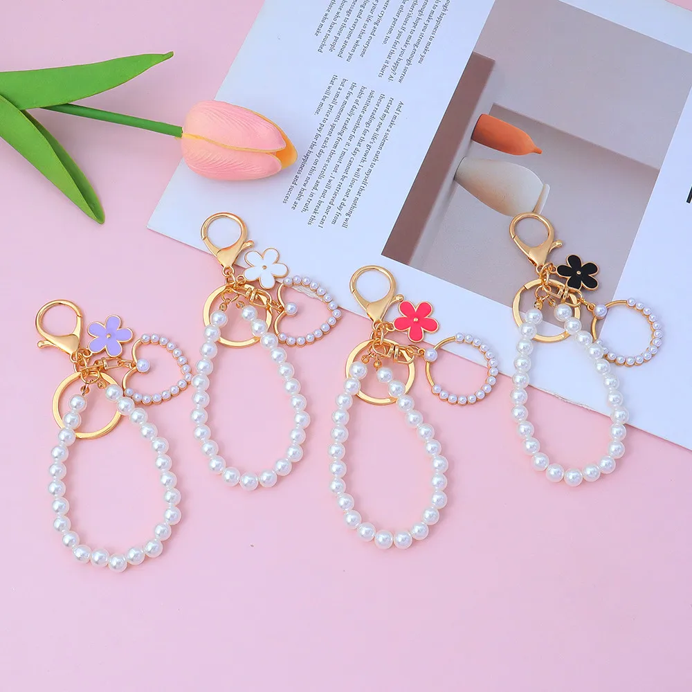 Lovely Multicolor Flower Keychain Cute Heart Pearl Pendant Key Ring For Girl Handbag Decor