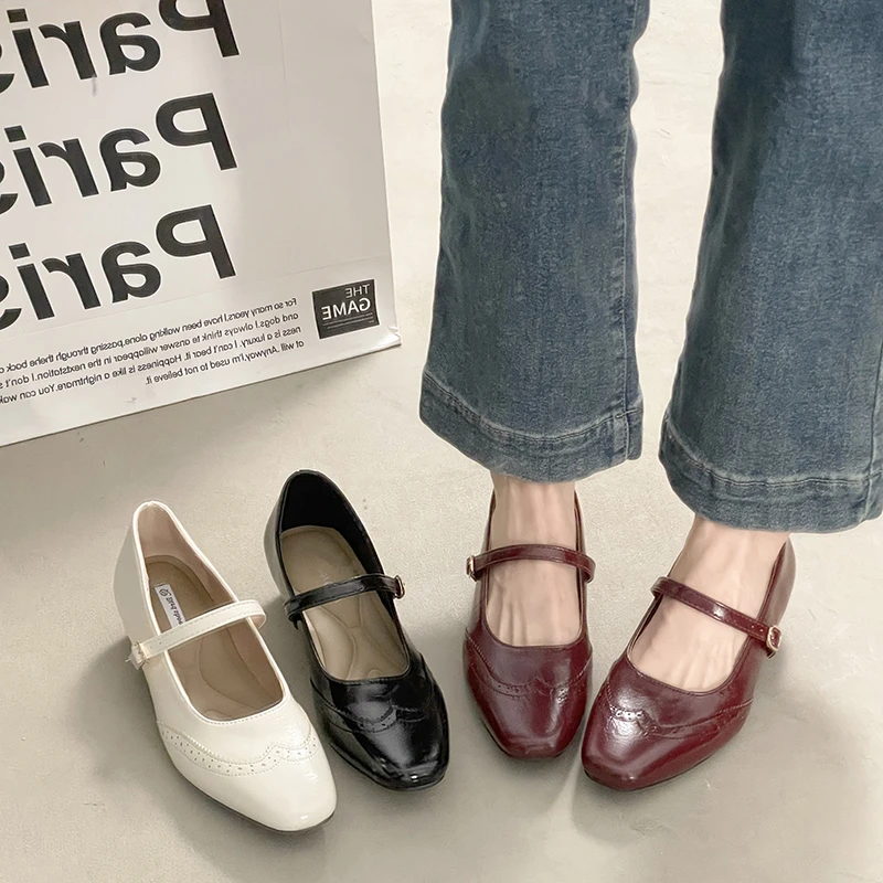 

Spring Thick Heel Women Mary Jane Shoes Concise Square Toe Buckle Strap Shoes 2026 New Female Elegant Dress Leather Pumps