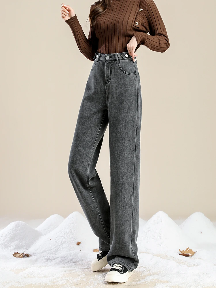 ฤดูใบไม้ผลิ ฤดูร้อน กางเกงยีนส์ขาตรงเอวสูงทรงหลวมสำหรับผู้หญิงไซส์ใหญ่ ผ้าฝ้ายผสมสไตล์เกาหลีลำลอง ช่วยพรางหุ่นให้ดูเพรียว