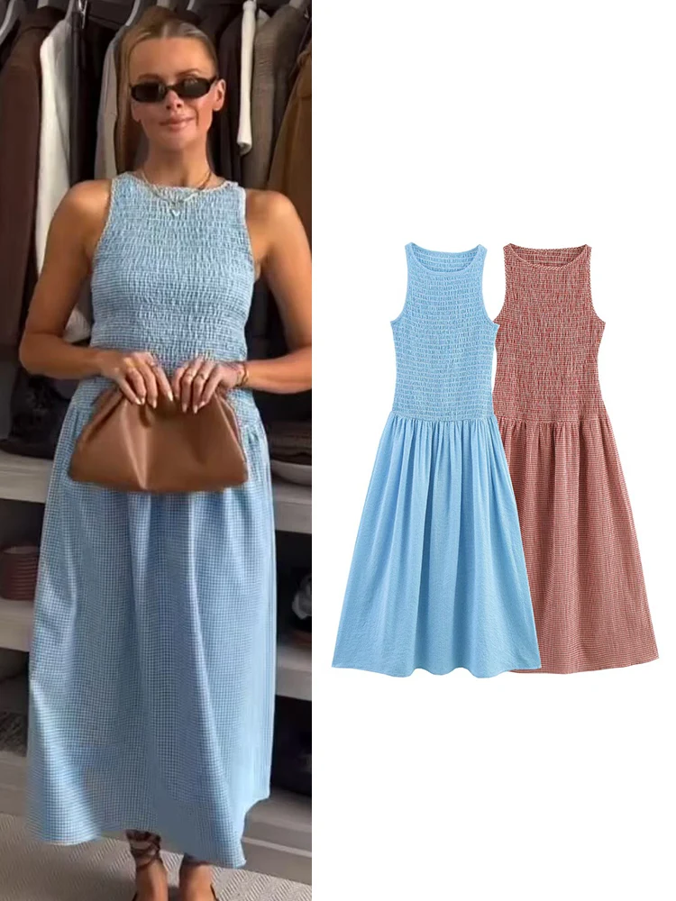 

2025 Summer Women's Sweet Plaid Dress Casual Round Neck Slim Pullover Dress Fashion Sleeveless Midi A Line Dresses