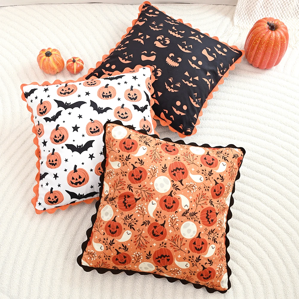 

BUYNOW Halloween Pumpkin Print Lace Orange Throw Pillowcase Festive Party Living Room Sofa18x18inch Cushion Cover Home Bed Decor