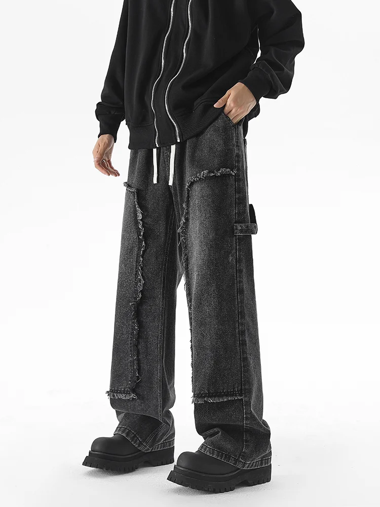 

Men's Autumn Trendy Baggy Jeans Elastic Waist Washed Casual Denim Trousers Male High Street Fashion Wide Legs Straight Pants