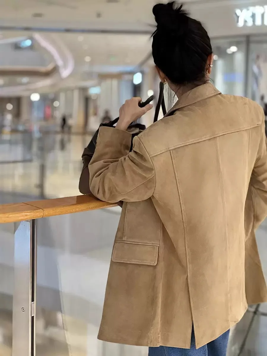 Retro-Anzugmantel aus Nubuk-Wildleder für Damen, 2025, Herbst-Winter, echte Kuh-Wildlederjacke, Vintage-Kaffee, übergroße Jacke, Oberbekleidung