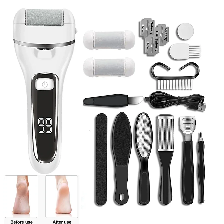

Electric Foot Callus Remover, 3 Quartz Rollers 2 Speed USB Recharge Foot Heel Grinder Dead Skin Scrubber with Pedicure Tools Toe