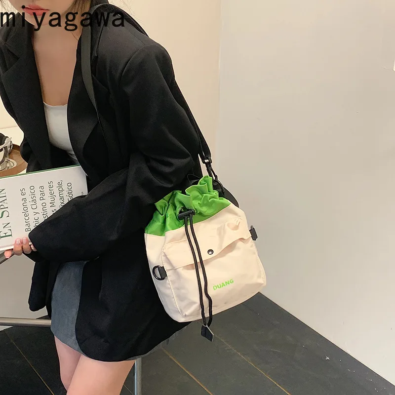 Miyagawa Korean Casual Shoulder Bag 2023 New Contrasting Color Patchwork Bucket Bag Versatile Crossbody Handbag Wholesale