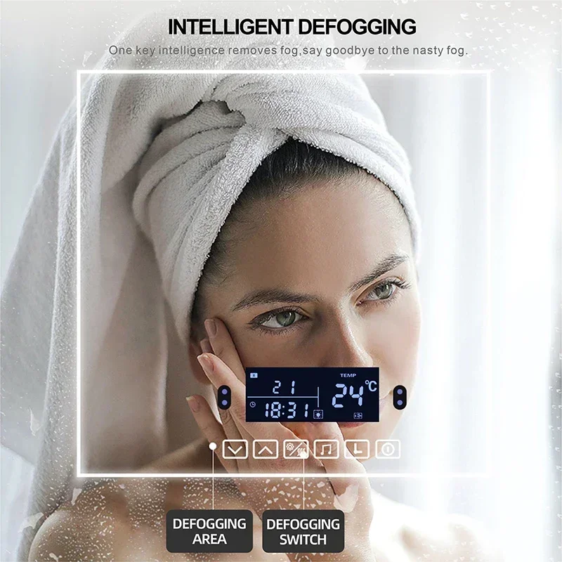 Round Black Frame LED Smart Bathroom Makeup Mirror With Bluetooth Body Induction Defogging 3 Color Light Cosmetic Mirror