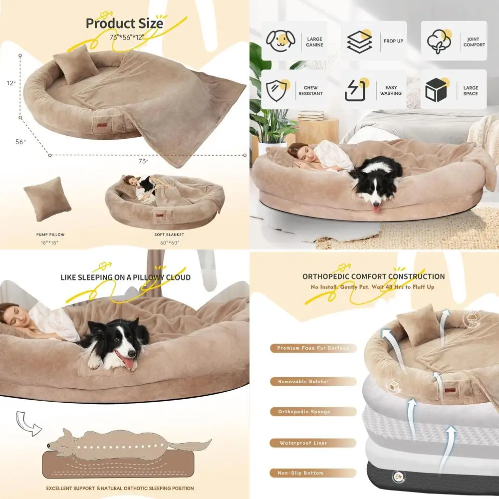 سرير كلب كبير لتقويم العظام مع وسادة وبطانية، فرو صناعي قابل للغسل، غطاء قابل للإزالة، 73x56x12 كاكي