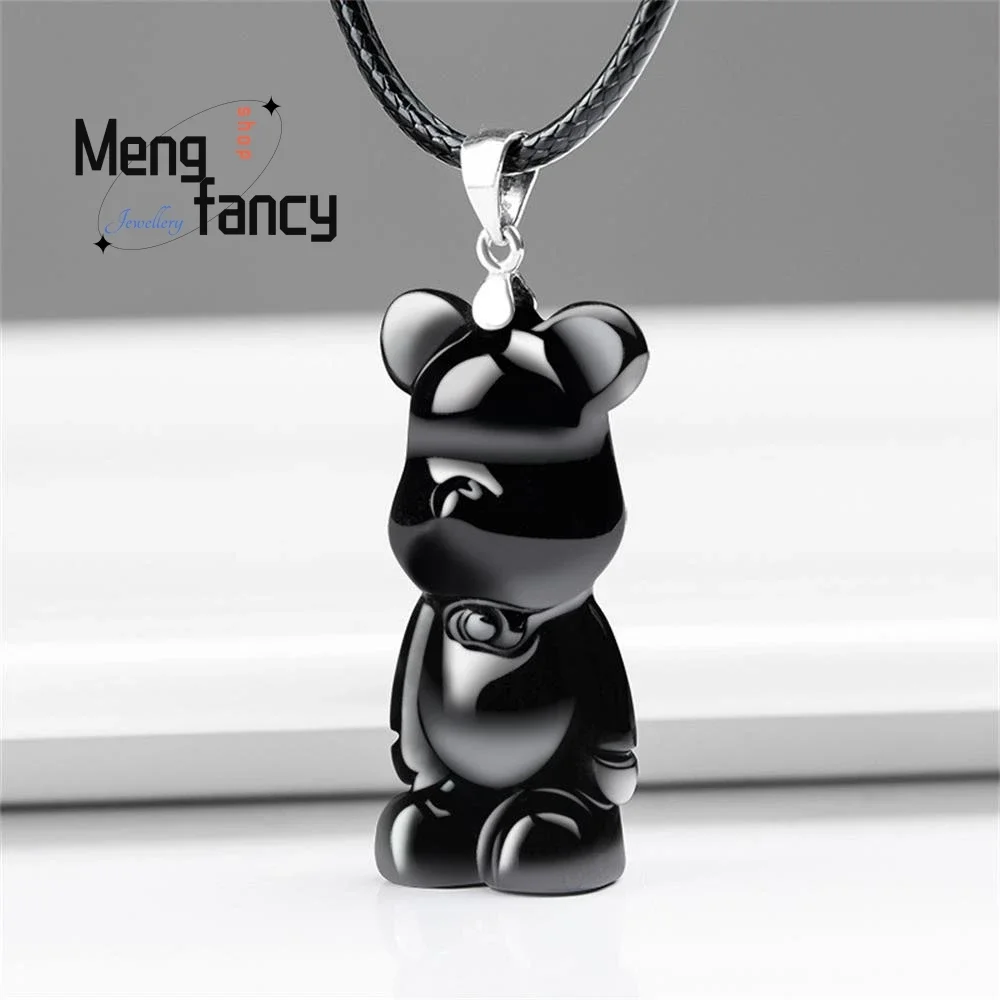 Natural A-goods Jadeite Ink Jade Bear Pendant S925 Silver Buckle Exquisite Cute Mascots Luxury Quality Fine Jewelry Holiday Gift