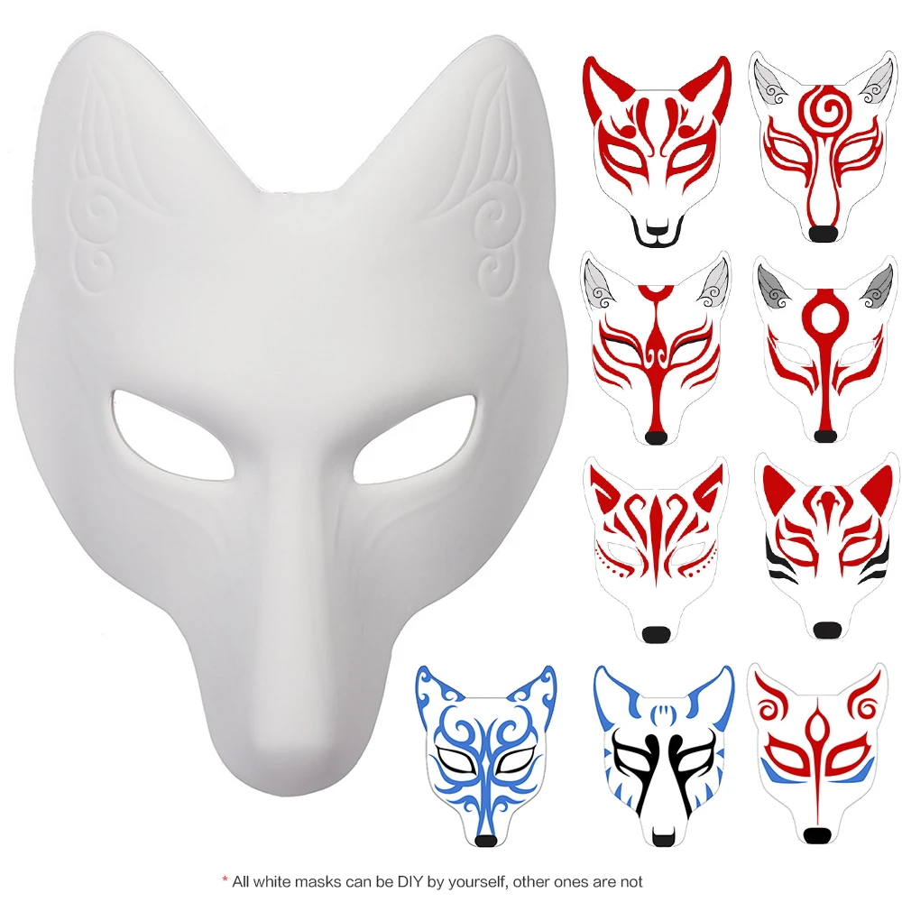 Japanese Kabuki Kitsune Fox Mask PU Unpainted Masquerade Masks DIY Animal Unpainted Craft Mask for Cosplay Costume Accessory