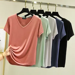 Camiseta de Modal con cuello en V para mujer, camisetas finas de fondo, camisetas holgadas de talla grande, ropa de calle, Top básico