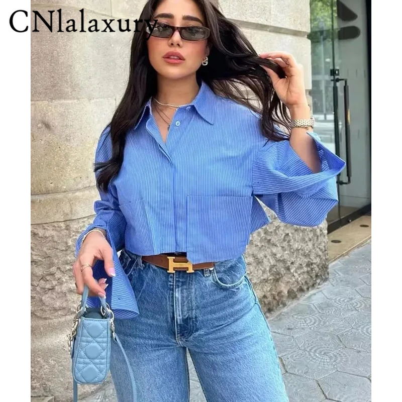 CNlalaxury Summer Woman New Stripes Shirts With Pocket Loose Casual Long Sleeve Crop Tops Female Vintage Overiszed Blouse Chic