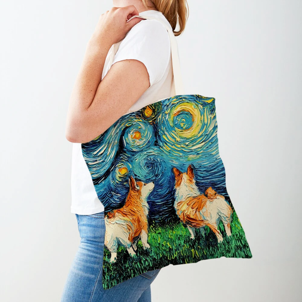 Van Gogh Starry Sky Dog Oil Painting Tote Handbag Fashion Animal Shopper Bag Both Sides Casual Canvas Cloth Women Shopping Bags