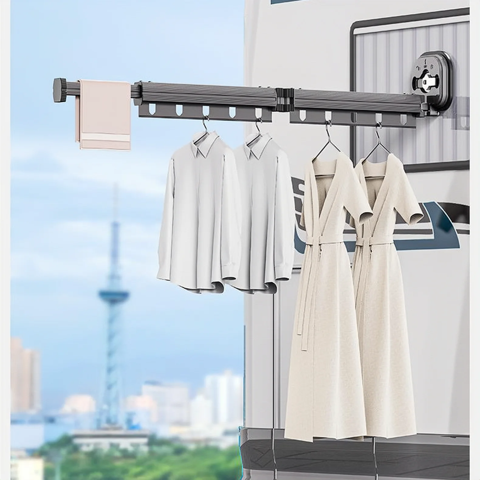 Suction Folding Clothes Drying Rack Indoor Household Balcony Non-Punching Clothes Drying Rod Telescopic Clothes Drying Rod