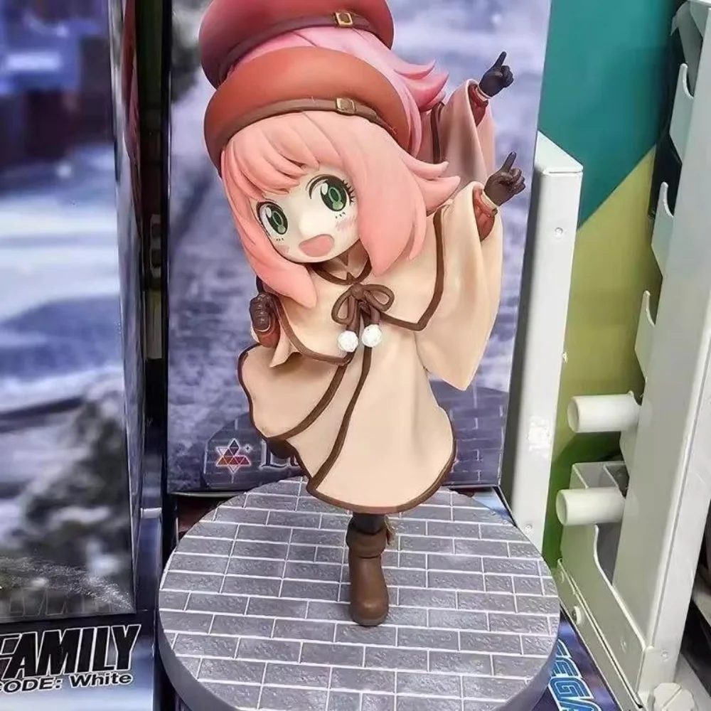 Anime Character Spy Family Figurine, Red Hat Winter Outfit Ania Cute Beautiful Girl Figurine Model Desktop Ornament Gift