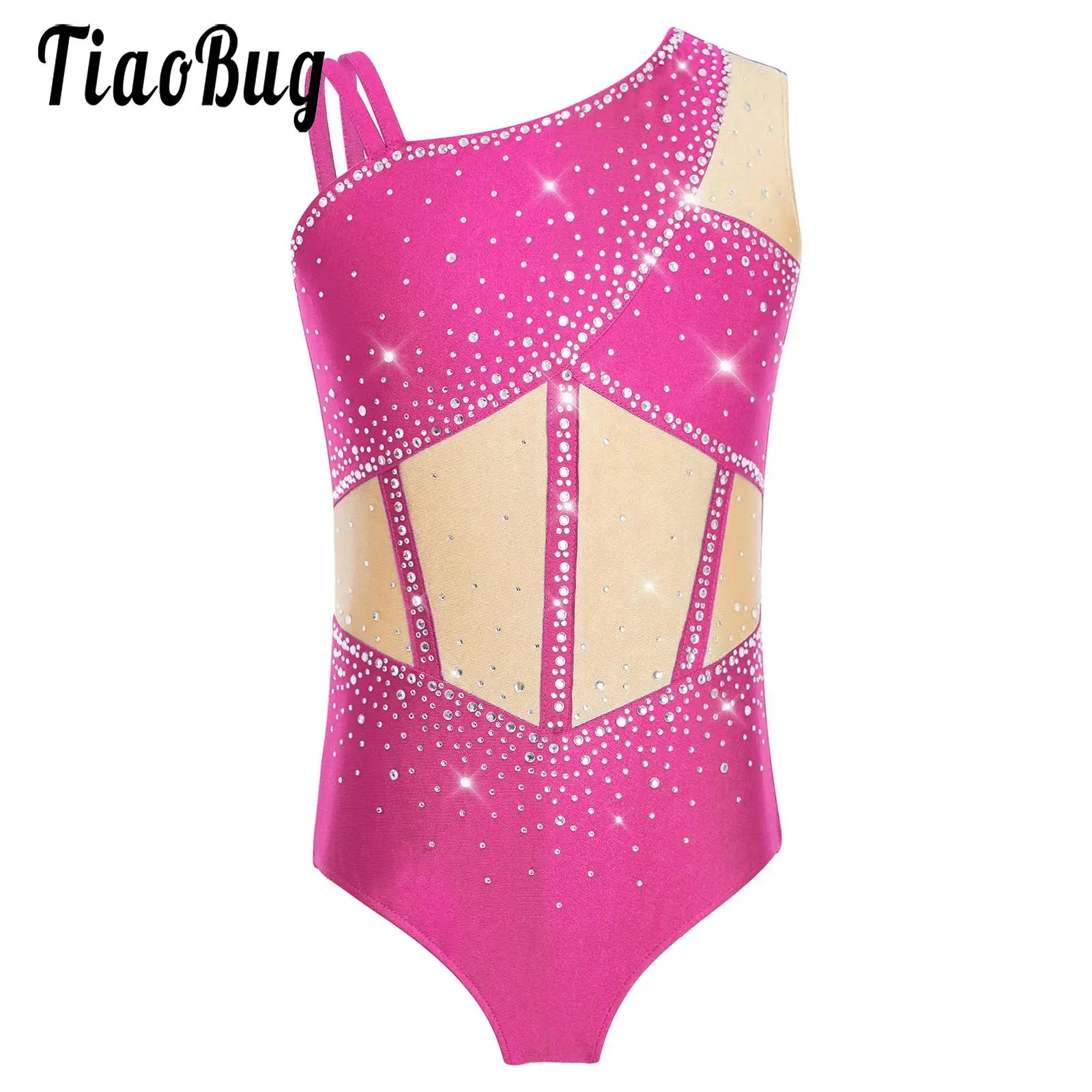 Kid Girls Figure Skating Ballet Gymnastics Costume Sleeveless Asymmetrical Leotards Rhinestones Bodysuit Rhythmic Jazz Dancewear