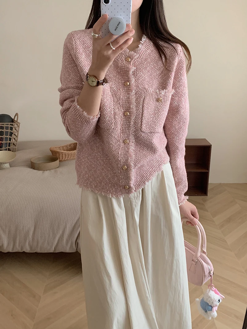 

Soft Tassel Knitted Cardigan Women's Sle Korean Loose Fit Warm Long Sve round Ne Pure Color Top for Autumn Season