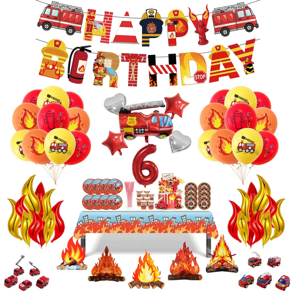 

12 Inch Firefighter Theme Disposable Tableware Balloon Flame Balloon Fire Truck Banner Board Flame Boy Birthday Party Decoration