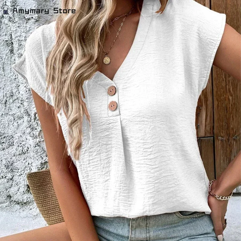 

New Summer Women's Casual V-neck Short Sleeve T-shirt Fashion Solid Color Buttons Loose Office Commuter Shirt Street Wear S-2XL