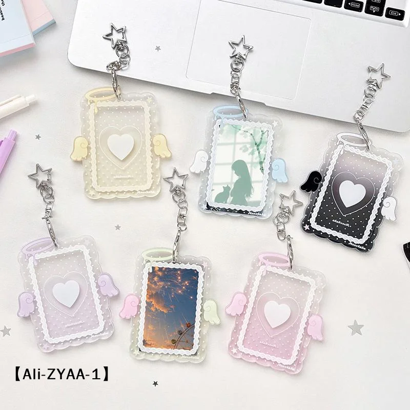 【A】1Pcs 3 Inch Transparent Acrylic Photocard Holder Cartoon Angel Wing Star Keychain For Kpop Photos ID Cards