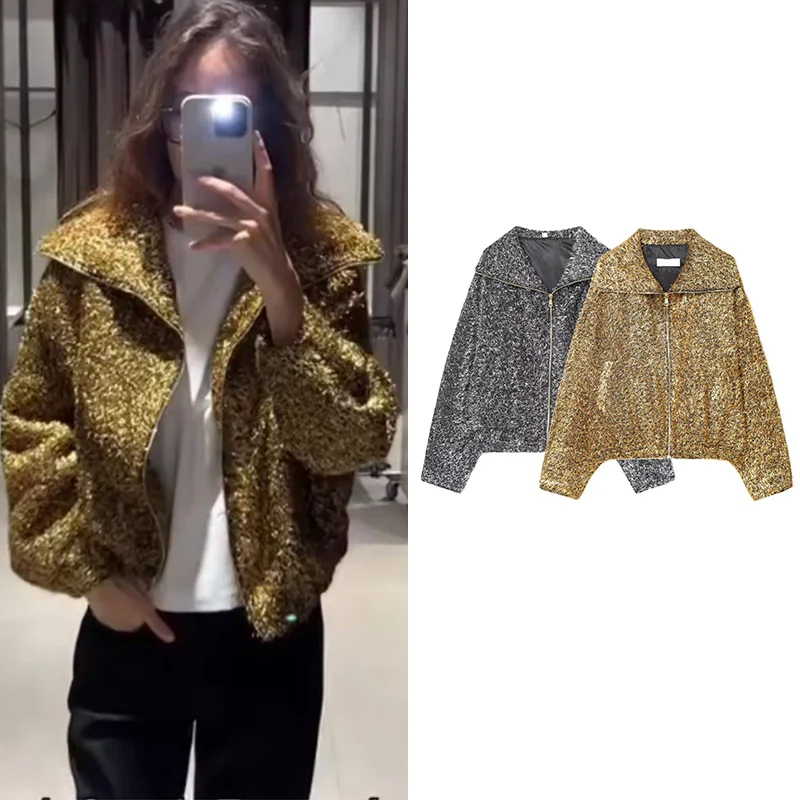 

Женские осенние новые куртки 2025 года, новые модные золотые элегантные свободные теплые женские куртки, пальто, осенние уличные шикарные праздничные молодежные пальто