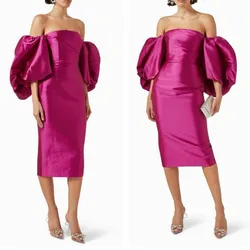 Customized Elegant Short Taffeta Evening Dresses with Sleeves Sheath Strapless Tea Length فساتين سهرة Prom Dress for Women