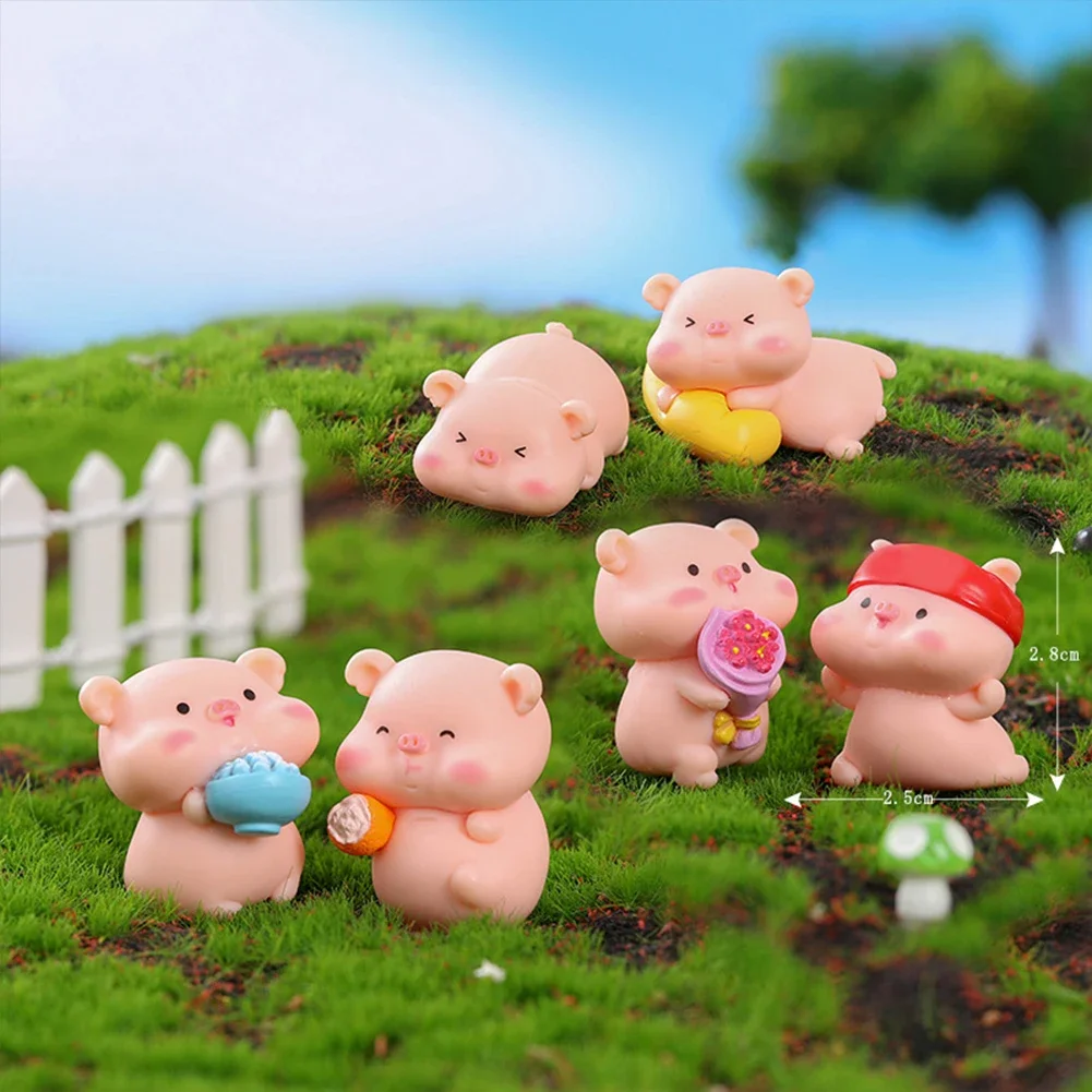 6pcs/set Cute Mini Pig Figurine Animal Doll Toy Model Statue Miniatures Items Fairy Bonsai Home Garden Ornaments Outdoor Decors