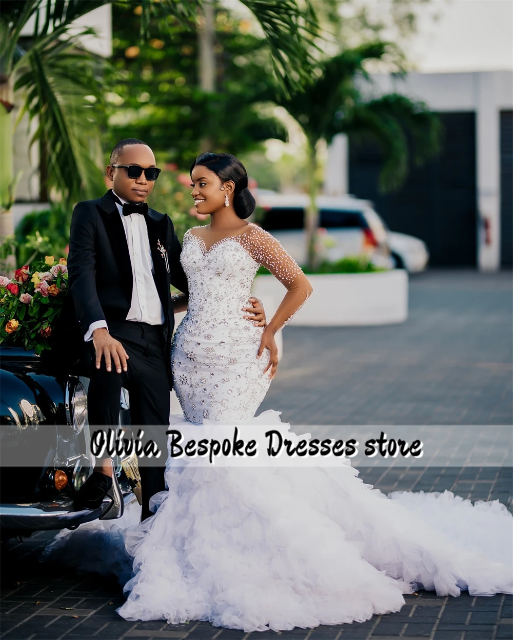 Notevole perline strass abito da sposa maniche lunghe tulle increspato treno Aso Ebi sirena abito da fidanzamento africano personalizzato