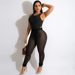 Women Mesh See-Through Two Piece Set Sexy Sleeveless Romper High Waist Skinny Pants Pencil Trousers for Party Club Streetwear