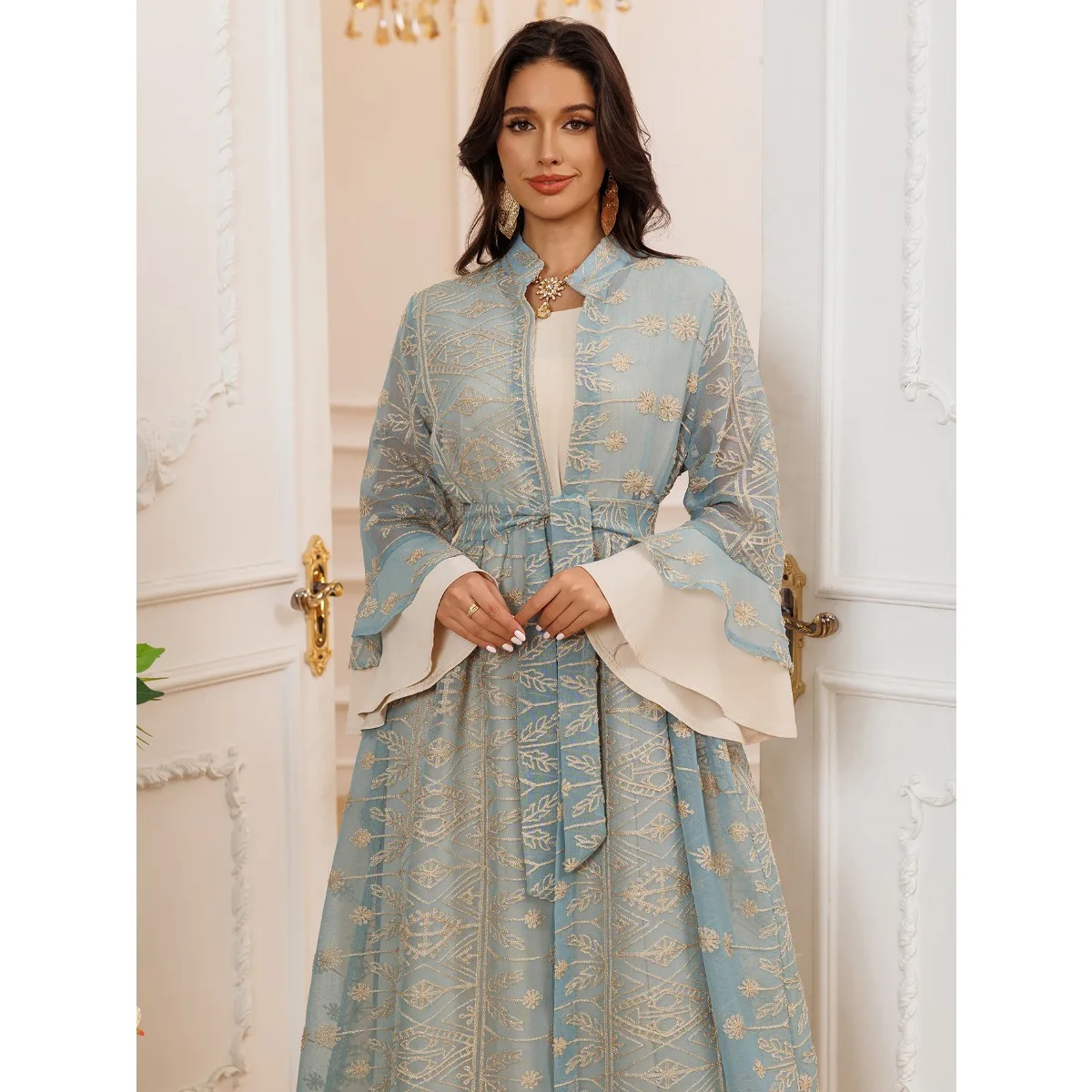 Eid 두바이 플레어 슬리브 자수 롱 드레스 이슬람 패션 카디건 2 조각 여성 가운 모로코 벨트 루스 파티 드레스 세트