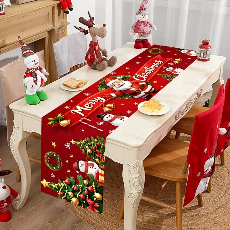 Red Merry Christmas Table Runner, Santa Snowman Xmas Tree Table Flag, Washable Dining Table Decor for Holiday New Year Party