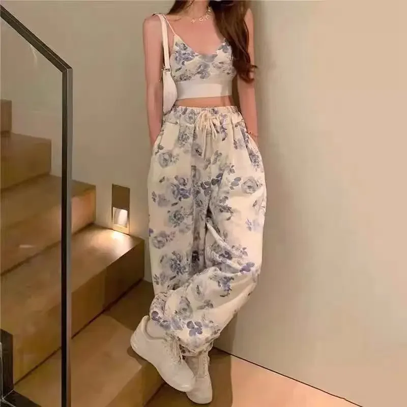 Summer Women's Clothing Camisole + Wide Leg Trousers Printing Sexy Navel Leisure Two Piece Suit Wholesale Cheap Tie Dye Y2k