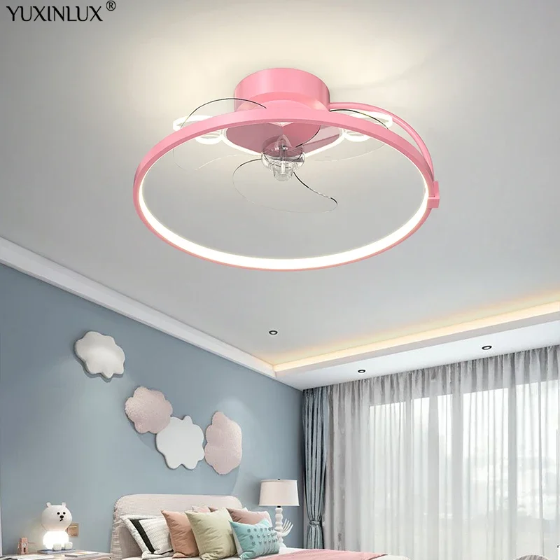 Creative Led Ceiling Lights with Fans Pink Blue Light For Children Boy Girl Bedroom Living Room Remote Control Fan Lamps Summer