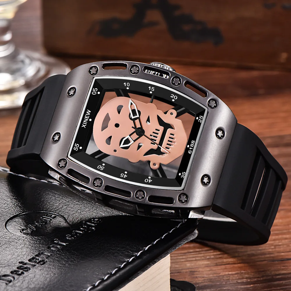 Relogio Masculino Watch Men Skull Hollow Watches Unique Skeleton Rubber Strap Tonneau Quartz Wristwatch Male Clock Drop Shipping