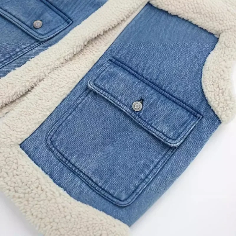 Осенне-зимний новый женский джинсовый жилет, модное повседневное украшение с карманами, лацкан, двусторонний короткий жилет